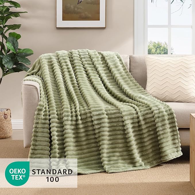 Geniospin Fleece Throw Blanket, 280GSM Extra Soft Lightweight Blanket with Strip, Plush Fuzzy Cozy Blankets and Throws for Couch, Bed, Sofa Cozy, Warm and Breathable (Sage Green, 60x80 inches)