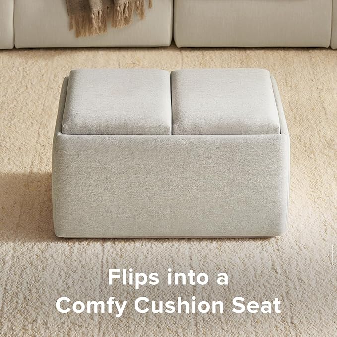 mopio Levi Storage Bench with Reversible Tray, Modern Storage Coffee Table, Bedroom Bench, Rectangular Cube Upholstered Coffee Table Ottoman for Living Room, Bedroom, Entryway (Fabric, Light Gray)