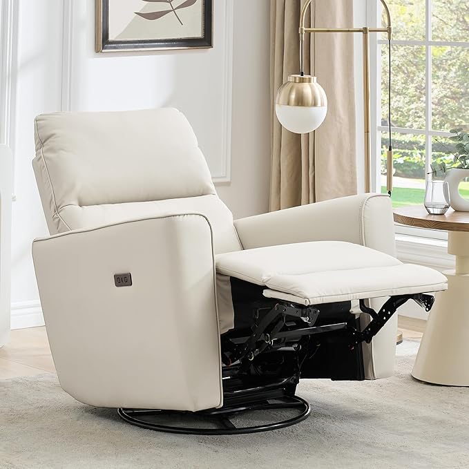 GarveeHome Recliner Chair, 360° Swivel Rocker Glider Nursery Chair with Padded Armrest and Deep Seat, PU Leather Upholstered Reclining Sofa Chair for Living Room, Bedroom and Nursery (Light White)