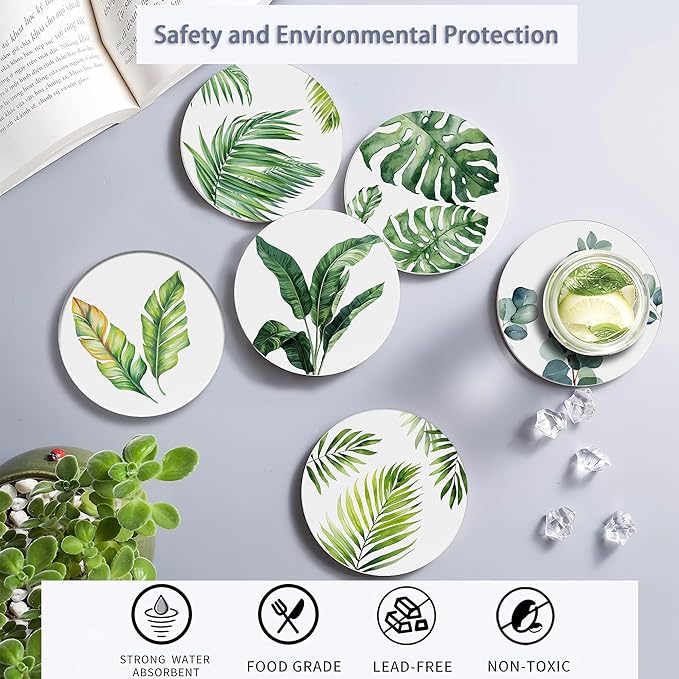 6 Pcs Coasters for Drinks with Holder, Green Leaves Absorbent Ceramic Coasters with Cork Base,Cute Funny Table Drinks Coasters Tabletop Protection Mat,Table Home Decor,4 Inches