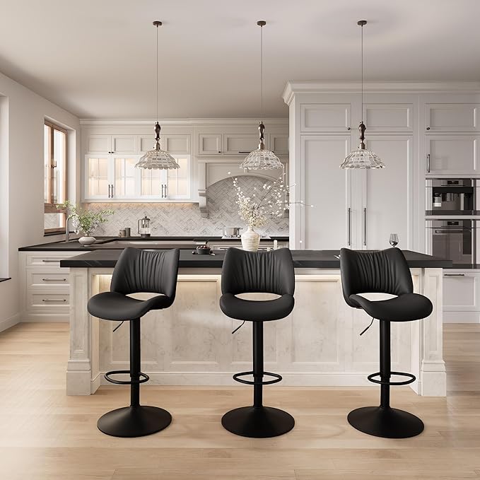 YOUNIKE Modern Bar Stools Set of 2, Black PU Leather Upholstered Barstools, Swivel Adjustable Armless Counter Stool, Ergonomic Hollow Mid Backrest Bar Chair for Kitchen Island, Home Bar Counter