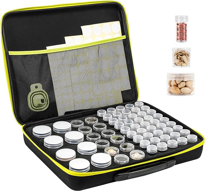 ProCase 65 Slots Seed Storage Organizer Sorter Box, Sturdy Seed Bank Saving Kit Container for Garden Vegetable Plant Flower, Seed Keeper Set with Label Stickers Funnel 3 Size of Bottles 1 oz 3 oz 5 oz