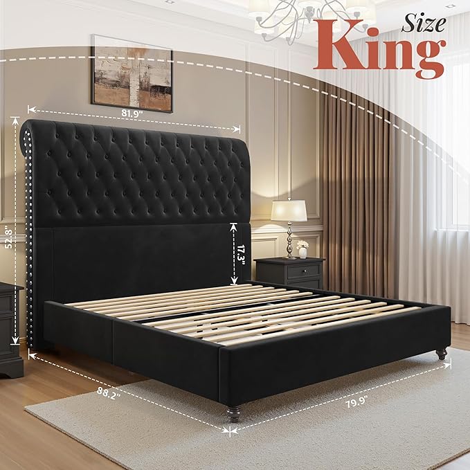 Jocisland King Size Bed Frame with 53" Tall Headboard, Velvet Upholstered Platform Sleign Bed with Button Tufted, Solid Wood Legs, No Box Spring Needed, Easy Assembly, Black