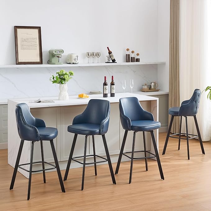 Bar Stools Set of 4, 30" Swivel Bar Height Bar stools with High Back, Faux Leather Kitchen Barstools Bar Height for Kitchen Island (Navy Blue, 4PCS 30" Bar Stools)