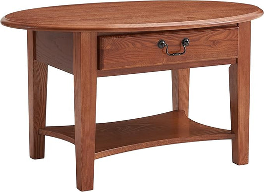 Haven Ridge One Drawer Solid Wood Oval Coffee Table with Shelf, Medium Oak Brown – Leick Home, 9044-MED