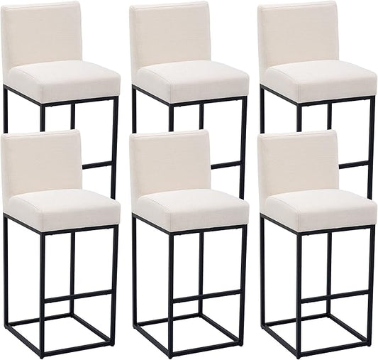 VESCASA Linen 31 inches Bar Height Bar Stools with Padded Back, Modern Upholstered Bar Stool Chairs with Black Metal Frame for Kitchen Island, Pub, Set of 6, Cream