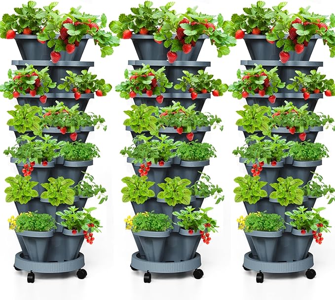 7 Tiered Strawberry Vertical Planter Tower Garden 3 Pack, Stackable Planter Herb Garden Planter with Movable Casters and Bottom Saucer Indoor and Outdoor - Dark Grey