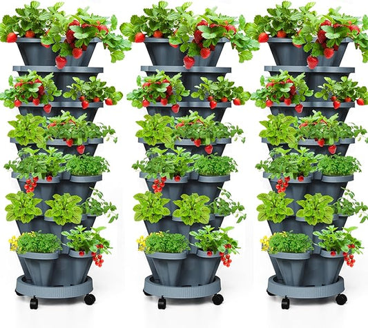 7 Tiered Strawberry Vertical Planter Tower Garden 3 Pack, Stackable Planter Herb Garden Planter with Movable Casters and Bottom Saucer Indoor and Outdoor - Dark Grey