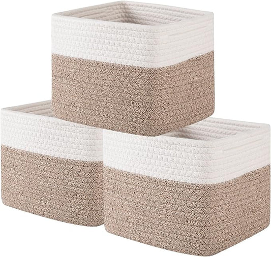OIAHOMY 9”x9”x7” Storage Cubes, Cotton Rope Woven Baskets for Organizing, Cube Storage Bin, Small Gift Basket for Shelf, 3-Pack, Brown&White