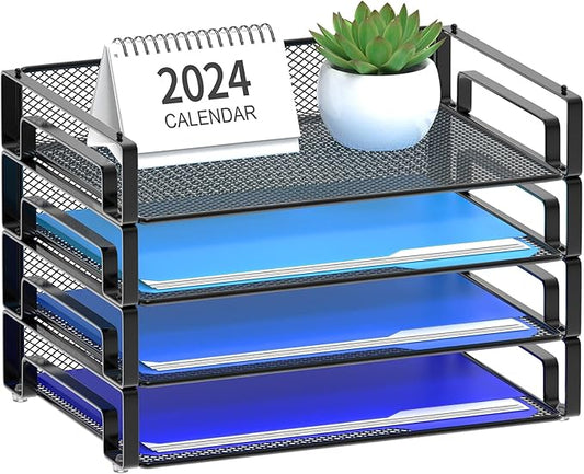 Samstar 4 Pack Stackable Letter Paper Tray, Desk File Organizer Paper Sorter for Letter/A4 Size Folders Documents, Mesh Made