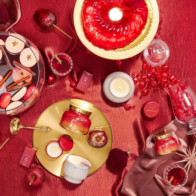 Capri Blue Glimmer Petite Signature Jar Candle - Apple Cider Social Scented Candle with Ombre Glass Candle Holder - Luxury Aromatherapy Candle - Red and Gold (8 oz)