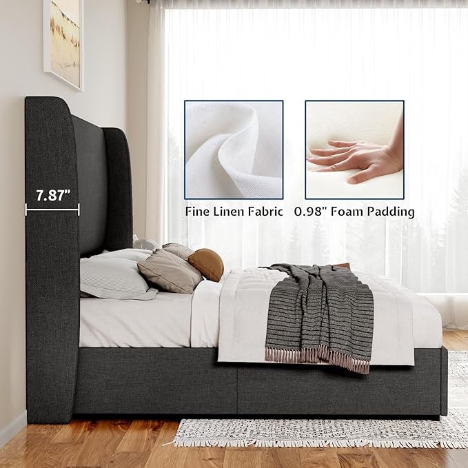 Jocisland Lift Up Storage Bed Queen Size Linen Upholstered Platform Bed Frame/Hydraulic Storage/Modern Wingback Headboard/No Box Spring Needed/Wood Slats Support/Dark Grey