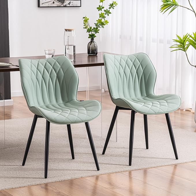 Kidol & Shellder Modern Dining Chairs Set of 2 Comfy Dining Room Chairs with Thick Cushions PU Leather Upholstered Kitchen Side Chairs with Metal Legs Mint-Green