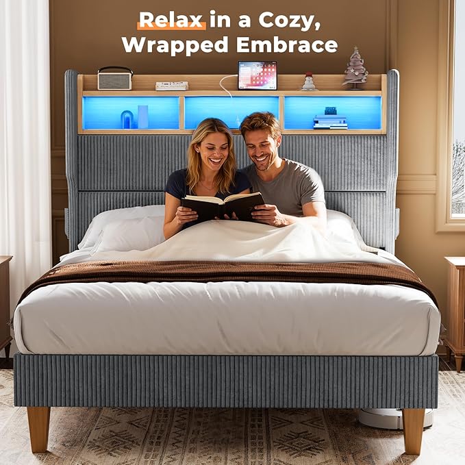 King Size Bed Frame with 51" Tall Corduroy Wingback Headboard and Storage Shelf, Upholstered Platform Bed with LED Lights & Charging Station, No Box Spring Needed, Easy Assembly, Grey