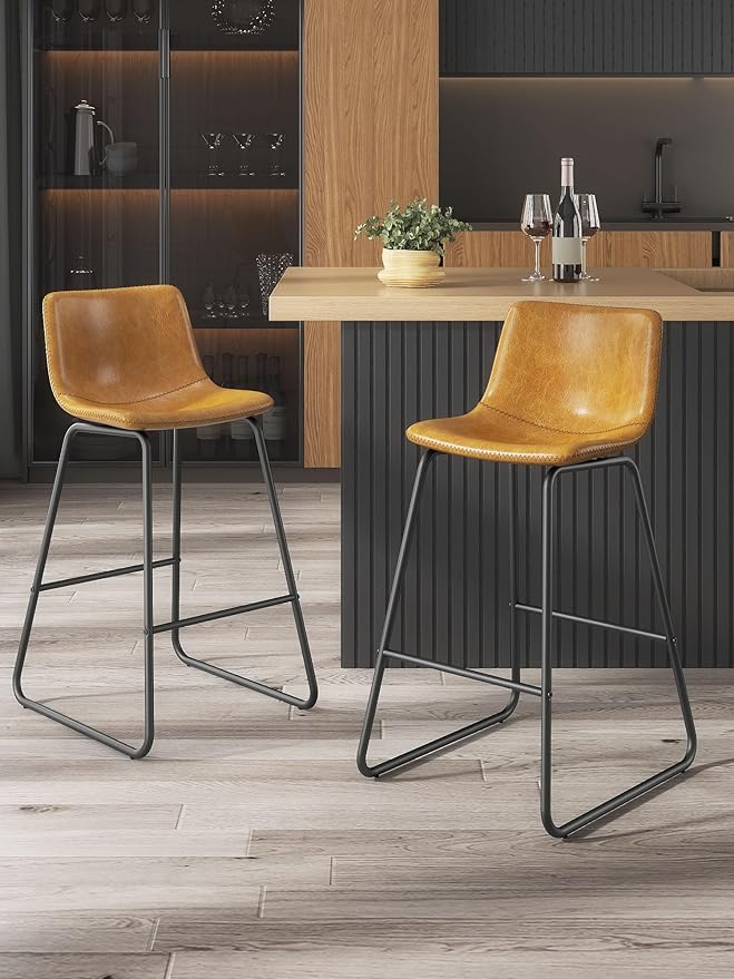 Bar Stools Set of 6, 26 Inches Counter Height Bar Stools with Back, Modern Faux Leather Barstools with Metal Legs and Footrest, Bar Chairs for Kitchens Island (Whiskey Brown)