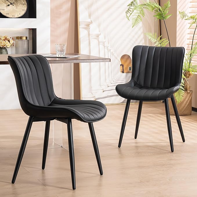 YOUNUOKE Black Dining Chairs Set of 2, Mid-Century Modern Faux Leather Upholstered Armless Kitchen Chairs, Metal Legs, 300 LBS Capability, Minimalist Accent Chair for Living Room