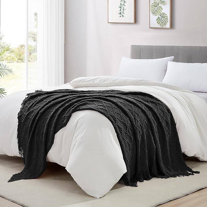 BOURINA Black Throw Blanket 50 x70 Inches Jacquard Argyle Throw Textured Solid Soft Throws and Blankets for Sofa or Bed Knitted Decorative Blanket