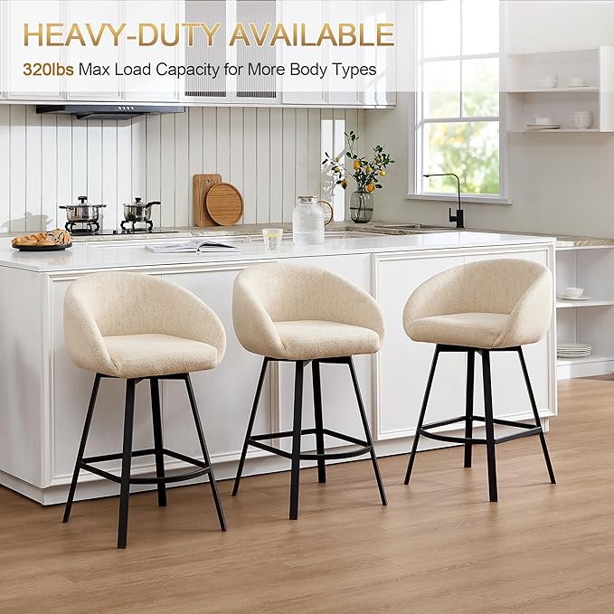 Zesthouse Swivel Counter Height Stools Set of 2, Modern Bar Stools for Kitchen Island, 26" Upholstered Kitchen Counter Height Barstools with Barrel Arms & Backs, Beige Linen Fabric Bar Chairs