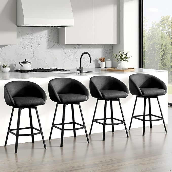 Zesthouse Swivel Counter Height Stools Set of 4, Modern Barrel Bar Stools for Kitchen Island, 26" Upholstered Kitchen Counter Height Barstools with Barrel Arms & Back, Black Faux Leather Bar Chairs