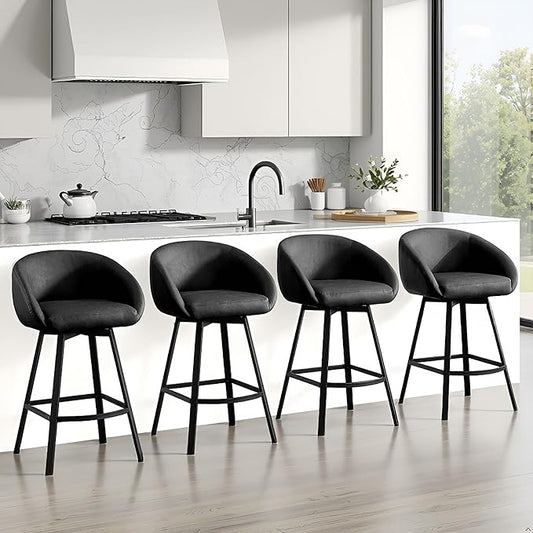 Zesthouse Swivel Counter Height Stools Set of 4, Modern Barrel Bar Stools for Kitchen Island, 26" Upholstered Kitchen Counter Height Barstools with Barrel Arms & Back, Black Faux Leather Bar Chairs