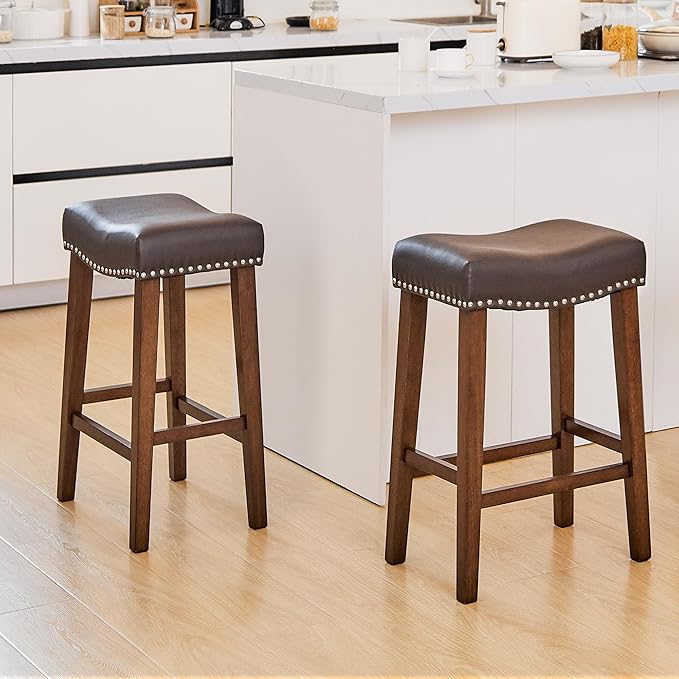 PrimeZone Counter Height Bar Stools Set of 2 - Backless Saddle Barstools with 4.3" Thick Upholstered, Nailhead Trim Faux Leather & Solid Wood Legs, 26 Inch Counter Stools for Kitchen Island, Brown