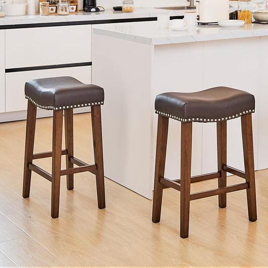 PrimeZone Counter Height Bar Stools Set of 2 - Backless Saddle Barstools with 4.3" Thick Upholstered, Nailhead Trim Faux Leather & Solid Wood Legs, 26 Inch Counter Stools for Kitchen Island, Brown