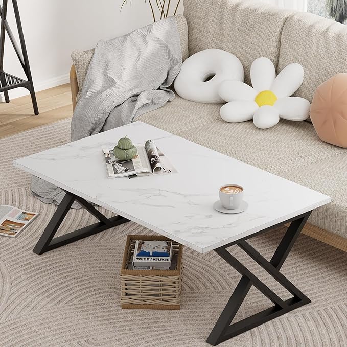 Coffee Table White Living Room Center Table, Simple Modern Faux Marble Rectangular Tea Table with Sturdy Black Metal Frame,Industrial Wooden Coffee Table for Bedroom Home Office