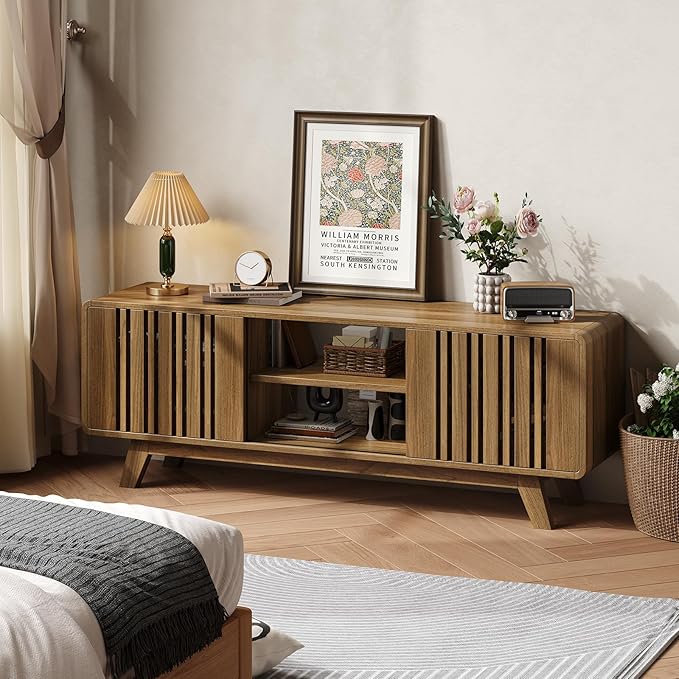 ONBRILL 63-Inch TV Stand for TVs up to 75 Inch, Mid-Century Modern Television Stand with Power Outlet， Entertainment Center with Sliding Grille Door Cabinets and Open Shelves for Living Room, Oak