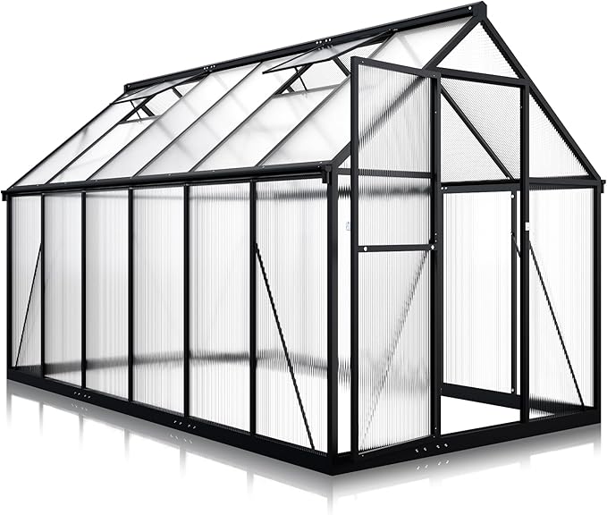 6x11 FTQuick Setup Polycarbonate Greenhouse with Roof Vent, Large Aluminum Walk-in Green House for Outdoor Garden Backyard, Black