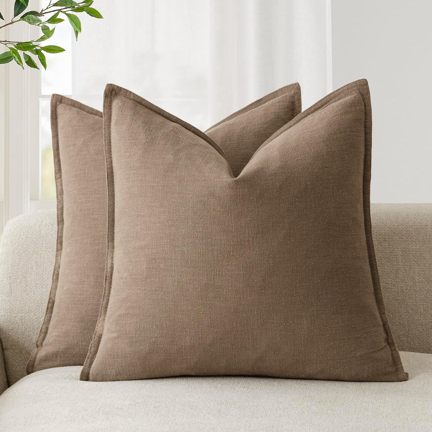 Foindtower Pack of 2, Decorative Linen Soild Throw Pillow Covers Soft Accent Cushion Case Boho Farmhouse Neutral Pillowcase for Chair Couch Sofa Bedroom Living Room Home Decor 20 x 20 Inch Light Brown
