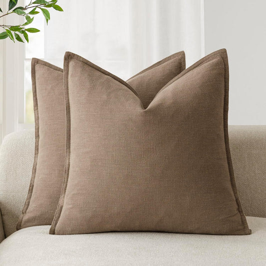 Foindtower Pack of 2, Decorative Linen Soild Throw Pillow Covers Soft Accent Cushion Case Boho Farmhouse Neutral Pillowcase for Chair Couch Sofa Bedroom Living Room Home Decor 20 x 20 Inch Light Brown