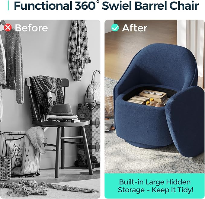 LINSY Swivel Accent Chair with Storage Comfy Chenille Barrel Chairs, Small 360 Swivel Modern Armchair for Living Room Bedroom, Boucle Reading Chair for Study Room (Blue)