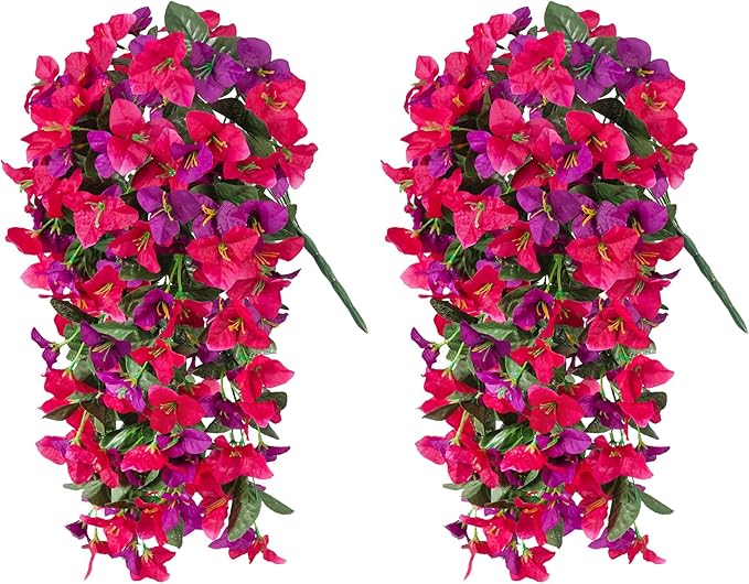 2 pcs Artificial Faux Bougainvillea Flowers Plants for Outdoor Outside Summer Decoration, Fake Silk UV Resistant Long Trailing Vines for Front Door Porch Planter Balcony (Rose Deep Lotus)