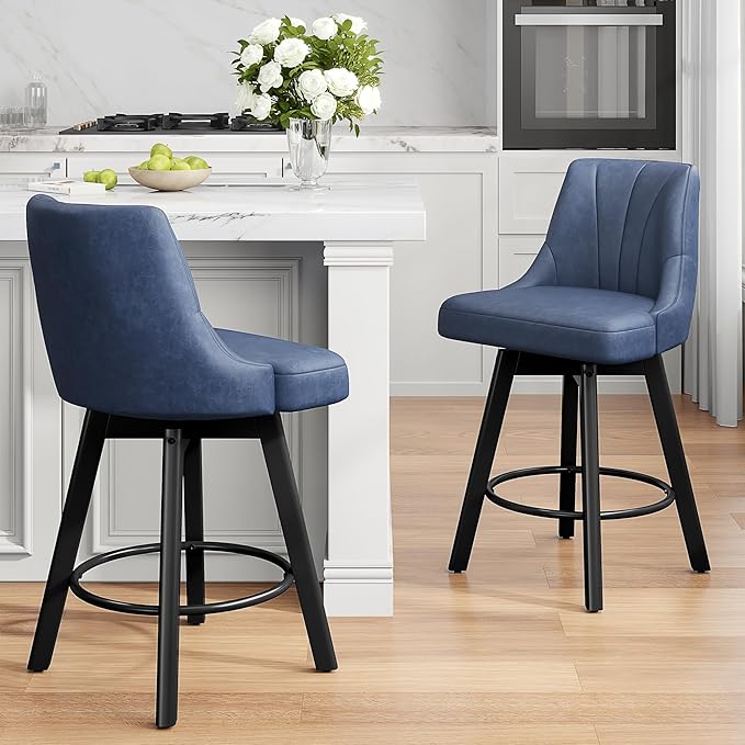 Counter Height Swivel Bar Stool, 24" Upholstered PU Leather Barstools Set of 2, Counter Stool Chair with Back & Solid Wood Legs for Kitchen Island Dining Room (Blue)
