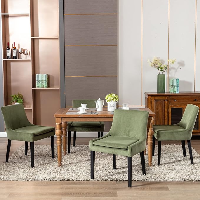 COLAMY Modern Dining Chairs Set of 6, Upholstered Corduroy Accent Side Chairs with Mid Back and Wood Legs for Living Room/Dining Room- Light Green