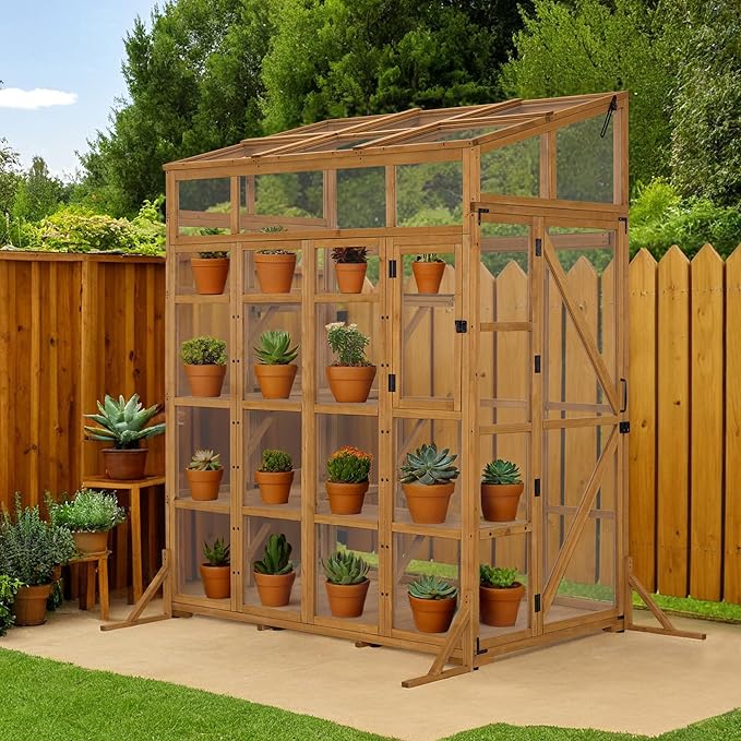 Macrout Wooden Walk-in Greenhouse with Acrylic Panels, Large Greenhouse for Outdoors with Openable Roof Vents with Lockable Door, G727