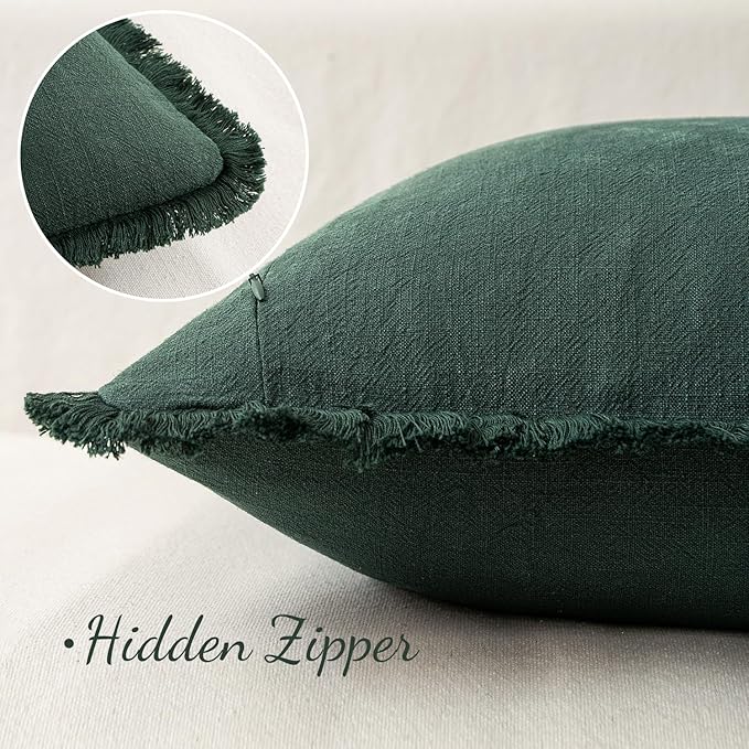 MIULEE Linen Pillow Covers 20x20 Inch Decorative Throw Pillows with Fringe Pack of 4 Soft Farmhouse Boho Couch Pillows Home Decors for Sofa Cushion Living Room Bed Dark Green and Red