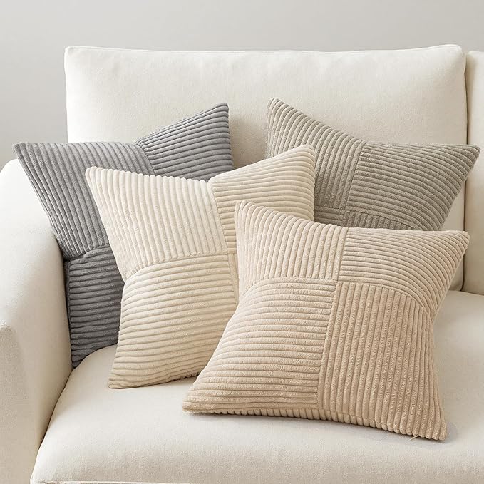 MIULEE Neutral Decorative Throw Pillow Covers 18x18 Inch Set of 4 for Livingroom Couch Sofa Modern Farmhouse Soft Corduroy Cushion Cases Striped Patchwork Home Decor (Cream,Grey)