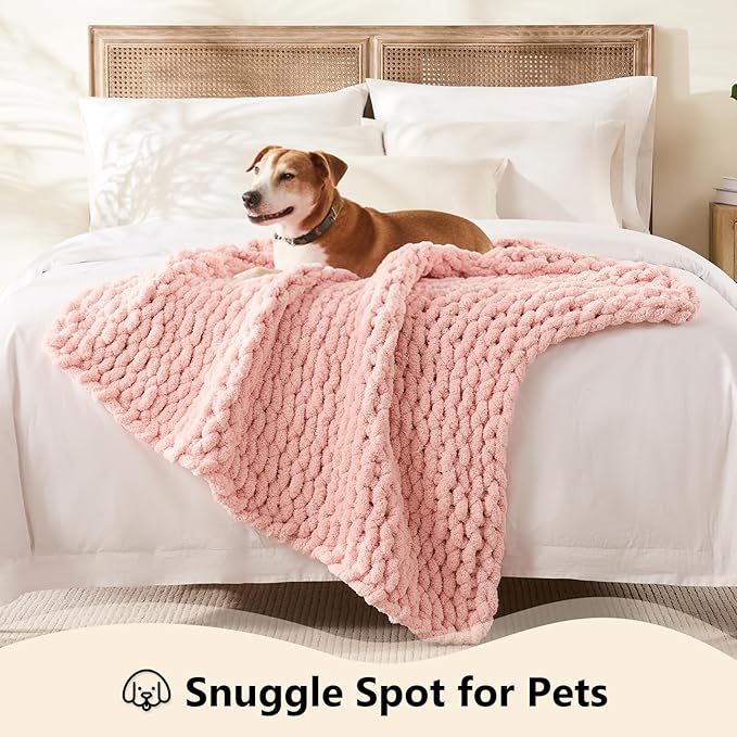 L'AGRATY Chunky Knit Blanket Throw - Soft Chenille Yarn Throw Blanket 40x50： Handmade Thick Cable Knit Crochet Blanke - Large Knit Blanket Chunky Rope Knot Throw Blanket for Couch Sofa Bed Home Decor