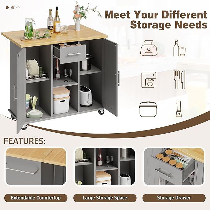 Shintenchi Kitchen Island with Storage, Bar Cart Cabinet Island Table on Wheels, Rolling Microwave Cart for Kitchen with Drop Leaf, Drawers, Towel Rack, Seating Area for Dining Room, Gray