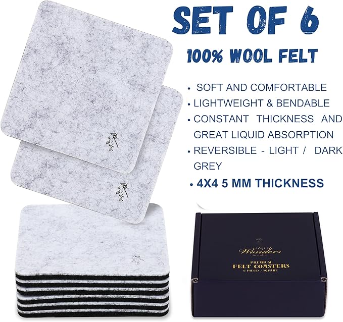 A&A Wonders Premium Felt Coasters for Drink, Two-Tone Reversible, Absorbent Felt Protects Furniture, Table, Anti Slip, Suitable for Drinks & All Table Types (Light Gray/Dark Gray, Square 6 Pack)