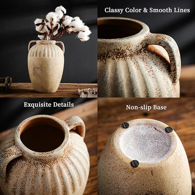 8.3 Inch Tall Large Ceramic Rustic Flower Vase for Home Office Decor, Boho Farmhouse Living Room Coffee Table Kitchen Bedroom Bathroom Wall Decor Aesthetic, Vintage House Shelf Decor -Beige