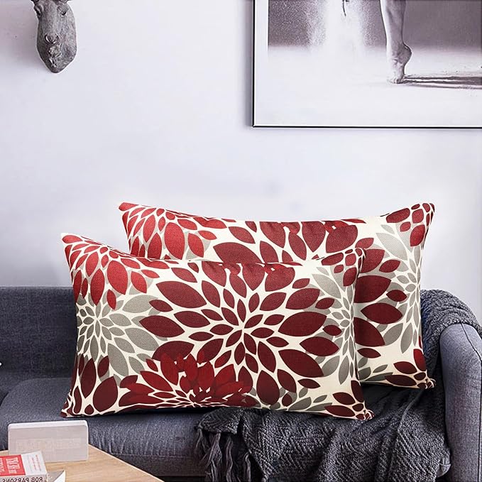 Decorative Throw Pillow Covers Set of 2 Wine Red Pillow Covers 12x20 Inch Couch Pillow Covers for Sofa Living Room Outdoor Throw Pillow Cover Linen Floral Flower Farmhouse Pillowcase