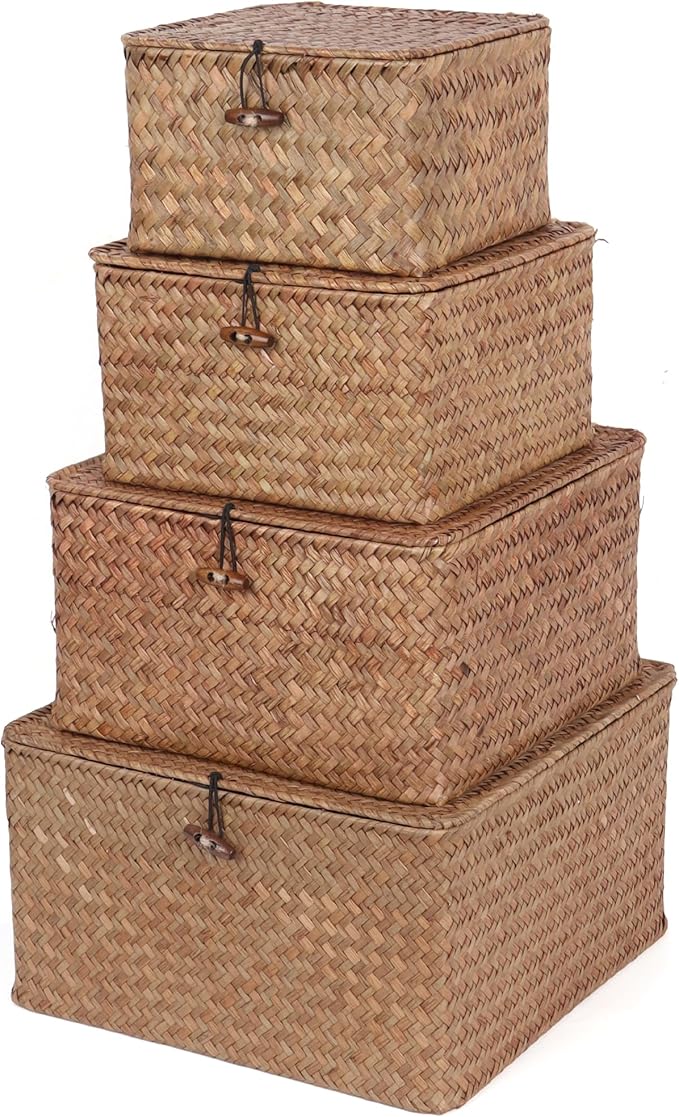 Wicker Shelf Baskets with Lid, Handwoven Seagrass Storage Basket Bins Square Gift Boxes for Shelves Home Decor Organizer (Coffee, Large)