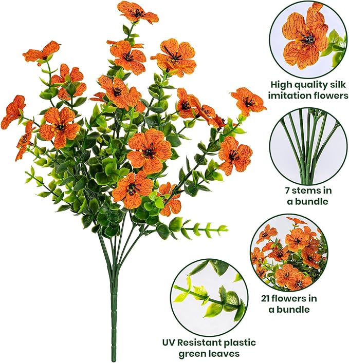 20 Bundles Artificial Flowers for Outdoor Fake Plants for Spring Decoration,Faux Eucalyptus Flowers for Planter UV Resistant Lifelike for Home Porch Garden（Orange）