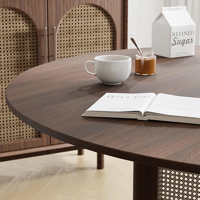 Casaphoria 52" Round Dining Table, Modern Kitchen Table for 6, Scratch-Resistant Top & Rattan Base, Farmhouse Dinner Table for Living Room, Kitchen, Bar, Easy Assembly, Walnut