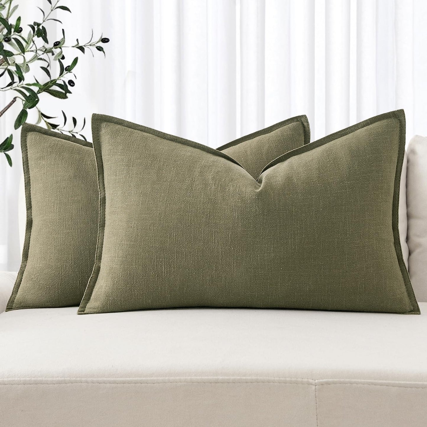 MIULEE Decorative Linen Lumbar Pillow Covers 12x20 Inch Light Olive Green Boho Farmhouse Neutral Couch Throw Pillows for Bed Pack of 2 Accent Modern Pillowcase Summer Sofa Livingroom Home Decor