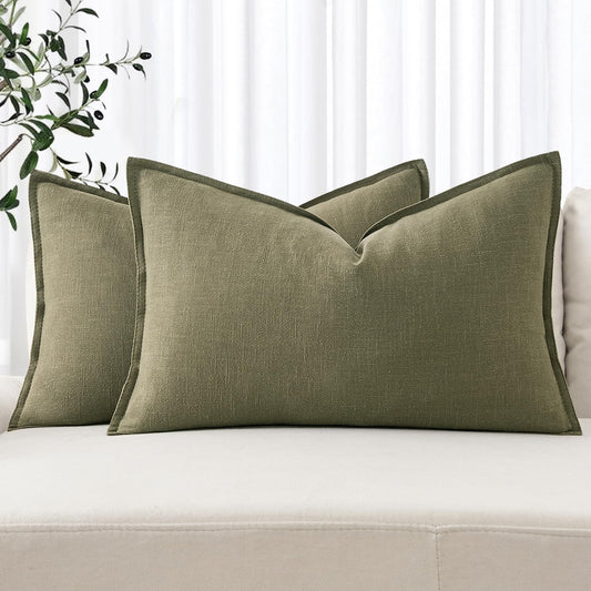 MIULEE Decorative Linen Lumbar Pillow Covers 12x20 Inch Light Olive Green Boho Farmhouse Neutral Couch Throw Pillows for Bed Pack of 2 Accent Modern Pillowcase Summer Sofa Livingroom Home Decor