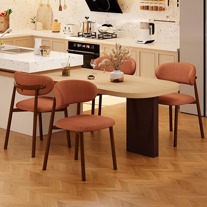 Kitchen Dining Chairs Set of 6 Modern Soft Linen Farmhouse Dining Room Chair with Metal Legs, Orange/Walnut