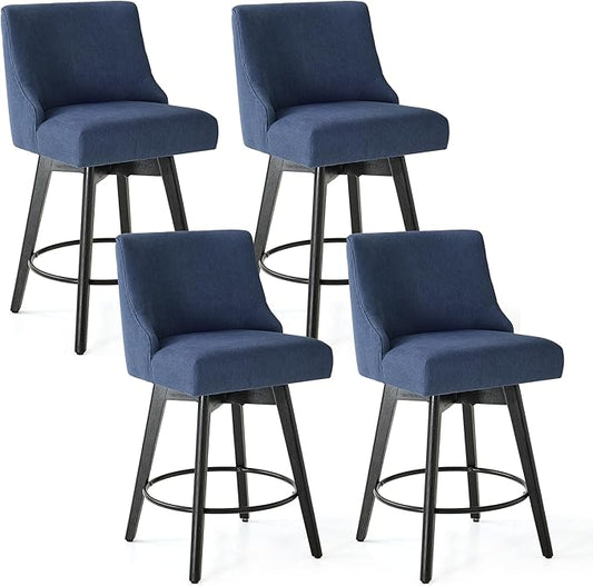 Vipbear Counter Height Bar Stools Set of 4, 26" H Swivel Bar Stools with Backs, Linen Fabric Upholstered Bar Chairs with Solid Wood Legs for Kitchen Island, Dining Room, Home Bar, Deep Blue